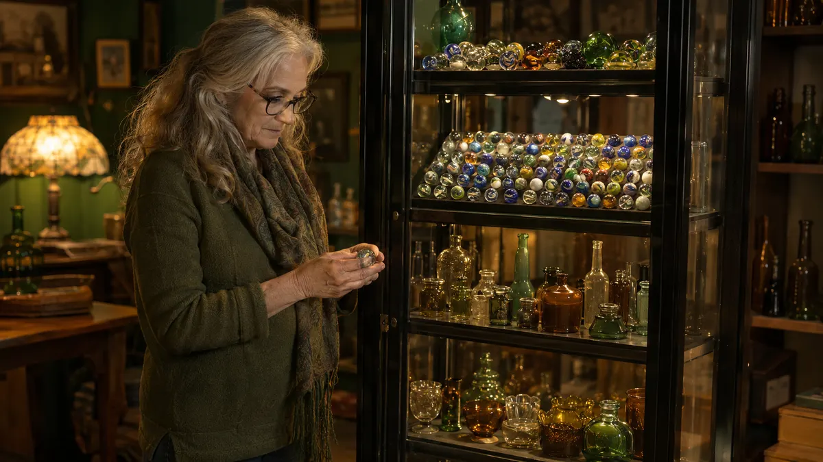 A 4-tier black glass display cabinet with lit shelves holding colorful marbles and small vintage glassware in a warmly lit room