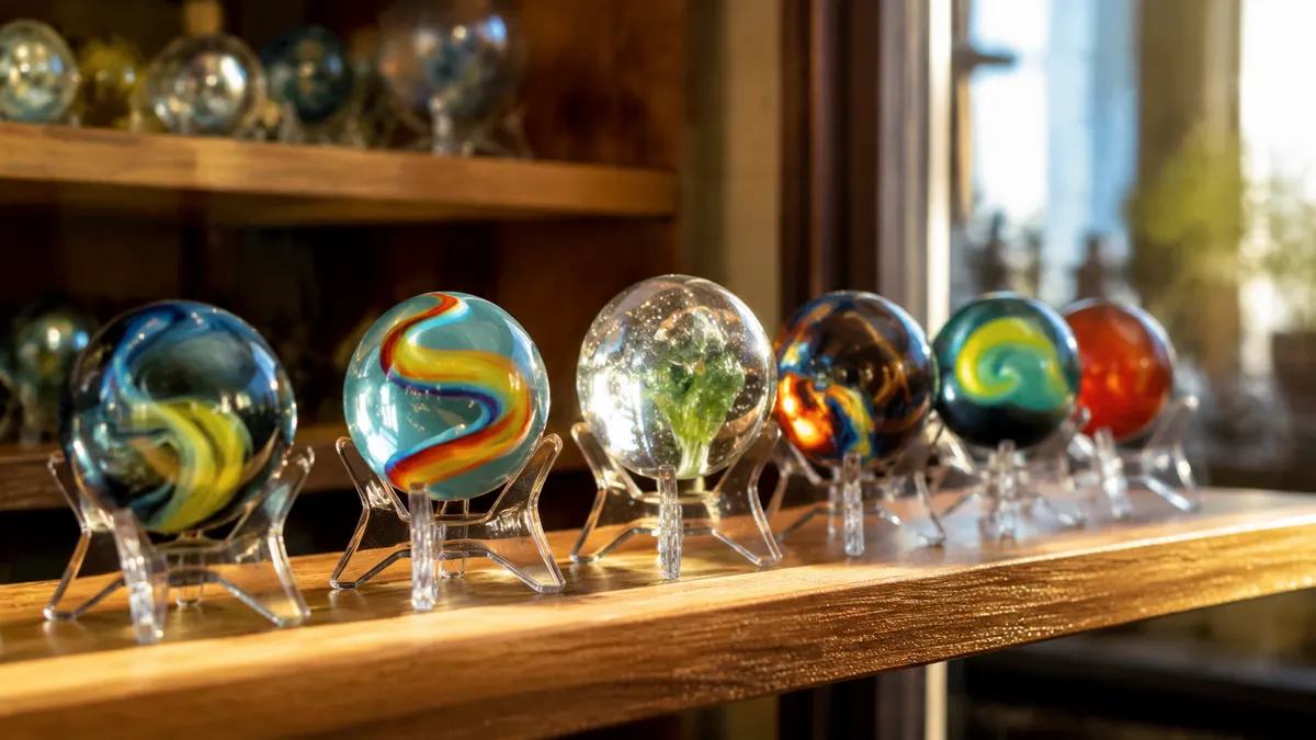 An assortment of colorful marbles resting upright on clear acrylic easel stands along a wooden shelf in soft window light