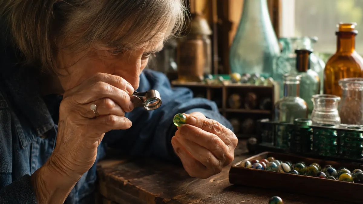 A weathered hand holding a small folding jeweler's loupe with a light up to a glossy swirl marble on a wooden bench, warm workshop light through the glass