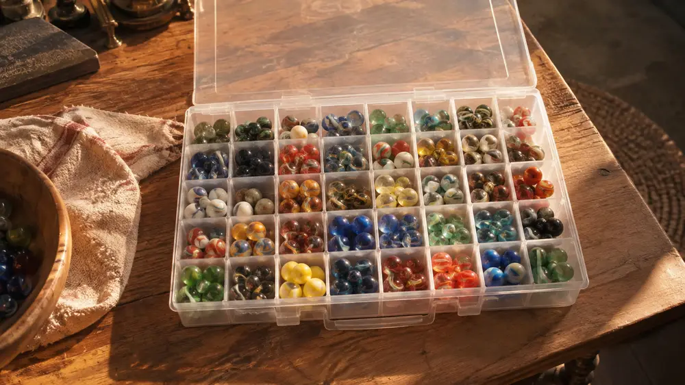 A walnut bench in warm afternoon light with a clear divided organizer box holding rows of sorted glass marbles