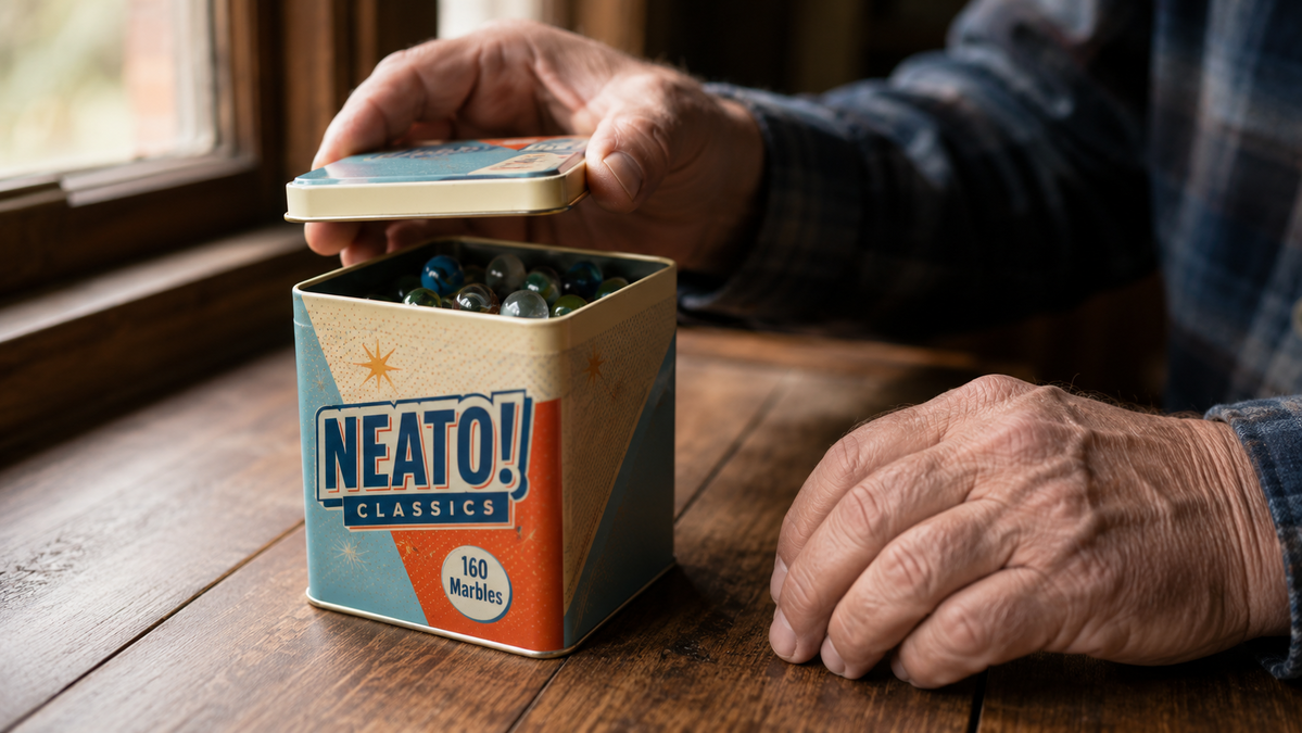A weathered hand lifting a red shooter marble out of the open tin to inspect it against a bright window