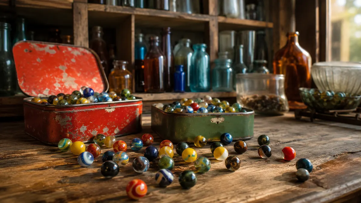 A worn wooden collector's bench with a red and green tin of glass marbles half open, a spill of glossy shooters catching warm afternoon sun, vintage glassware blurred behind