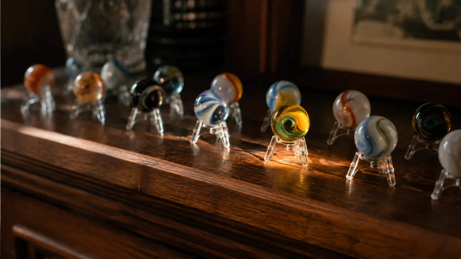 A row of glass marbles standing upright on clear acrylic easel stands arranged across a dark wooden display shelf