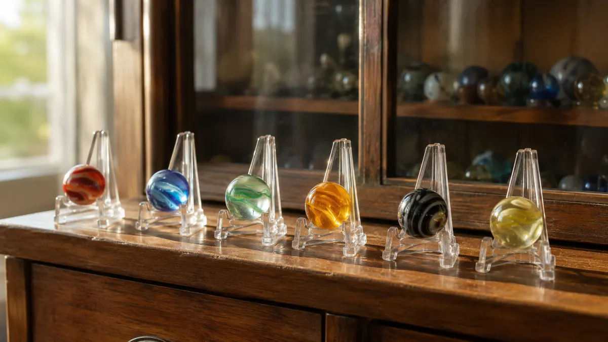A row of clear acrylic easel stands on a warm wooden display shelf, each holding a single glass marble in soft morning light