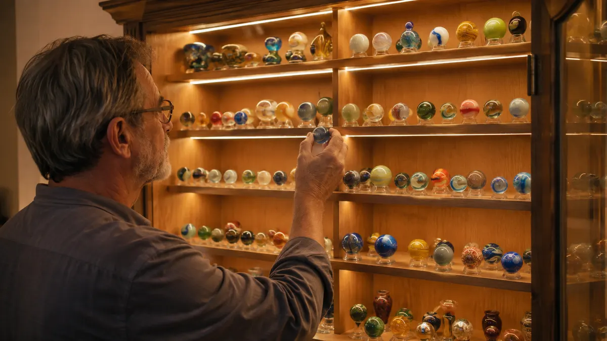 Rows of marbles and small glass pieces lined across evenly lit shelves inside the cabinet