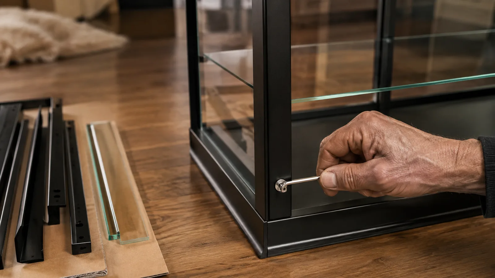 A hand tightening a cam lock on the top of a glass display cabinet with an Allen wrench