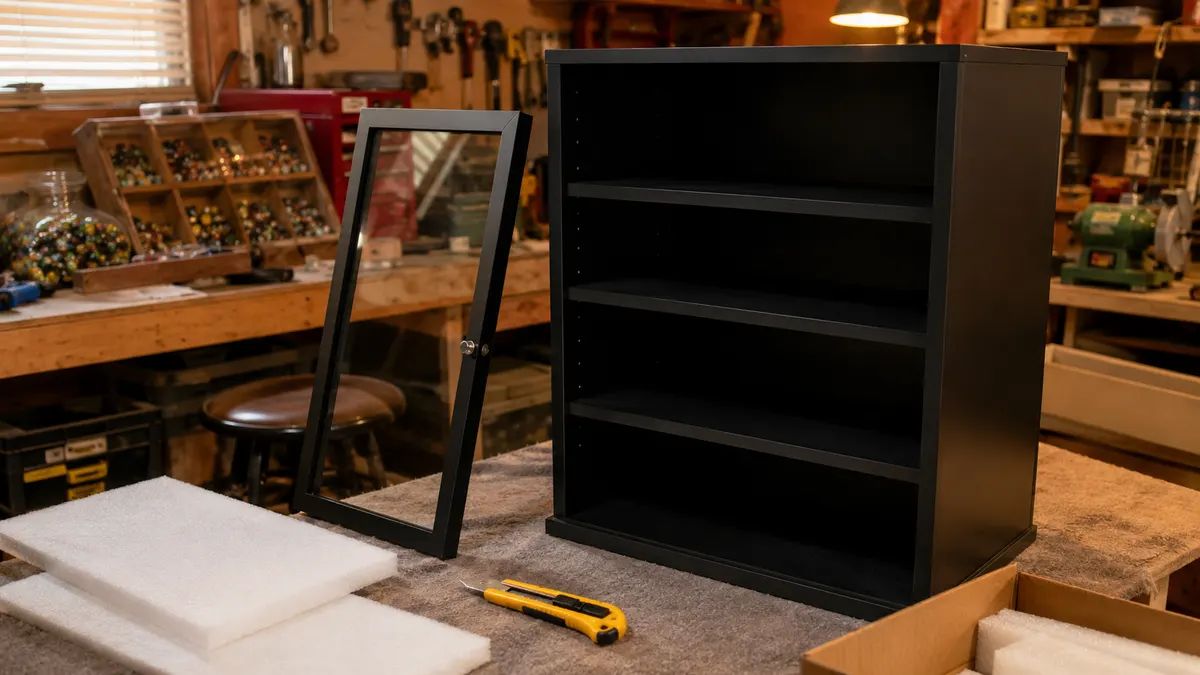 A partially assembled four-tier black display cabinet with glass doors mid-setup on a workshop floor
