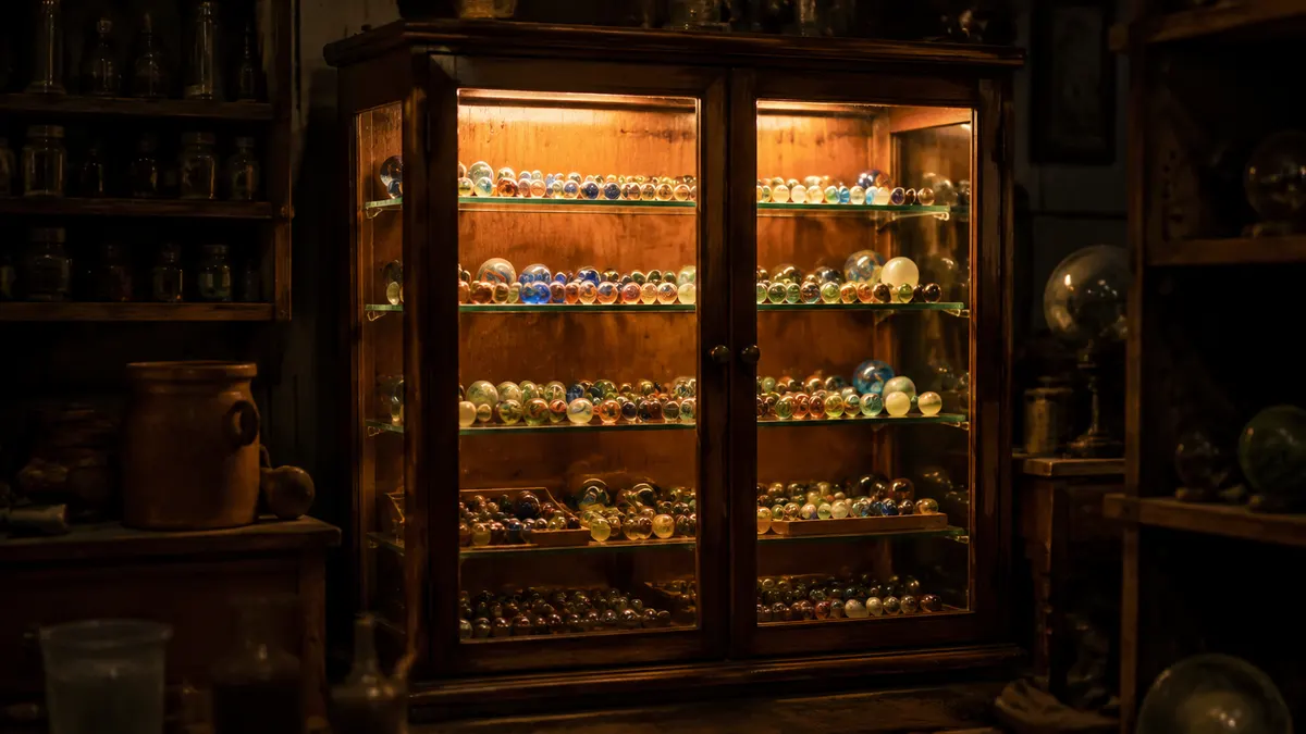 The display cabinet glowing with warm interior lights in a darkened shop at night, marble trays glowing through the glass doors
