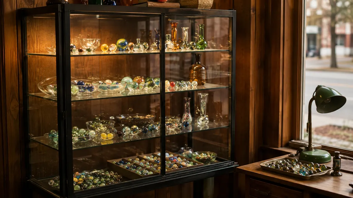 A black 4-tier glass display cabinet full of vintage marbles and small glassware in a warm wood-toned shop, soft evening light through a window