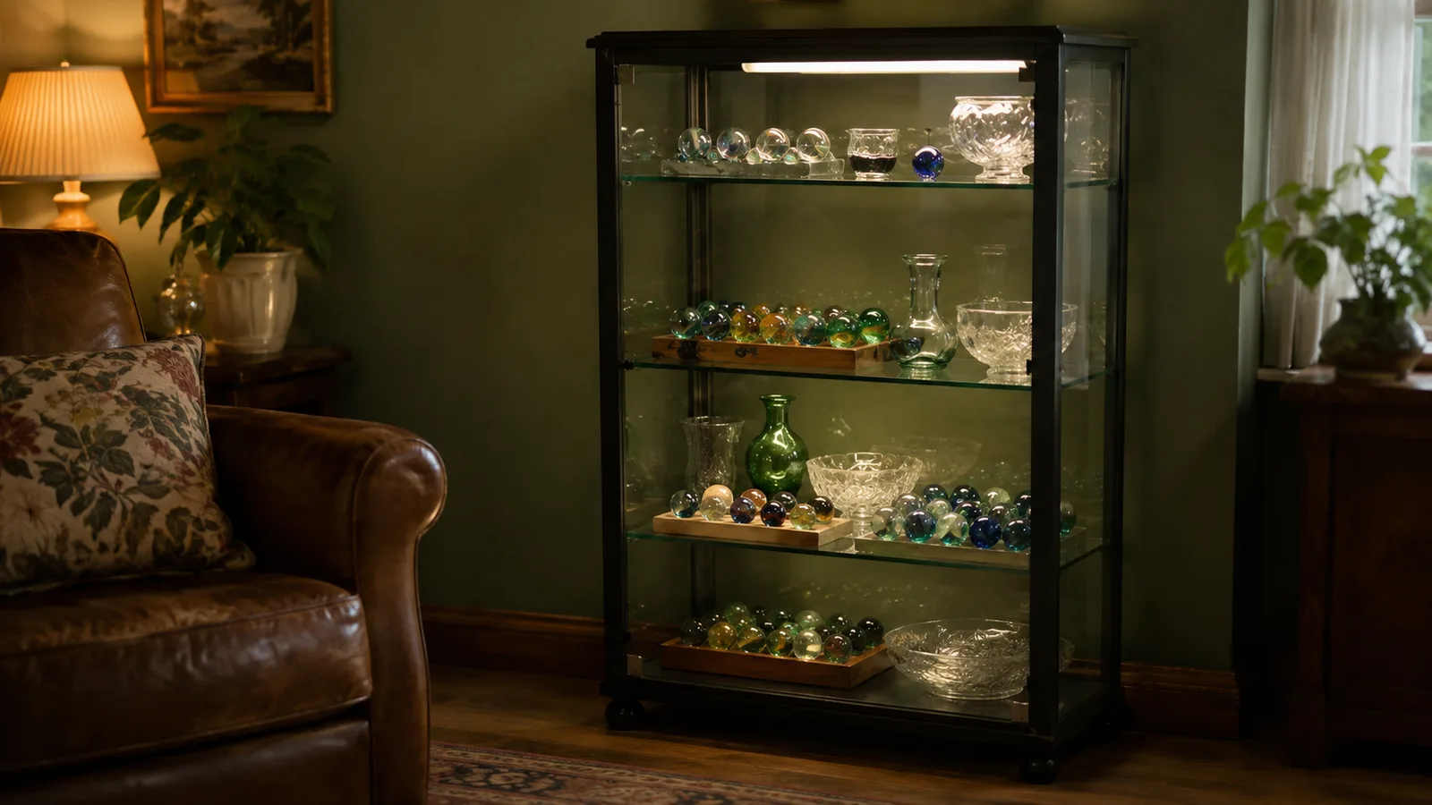 A black glass-fronted display cabinet in the corner of a warm room, its interior lit, holding glass marbles and small glassware on four tiers