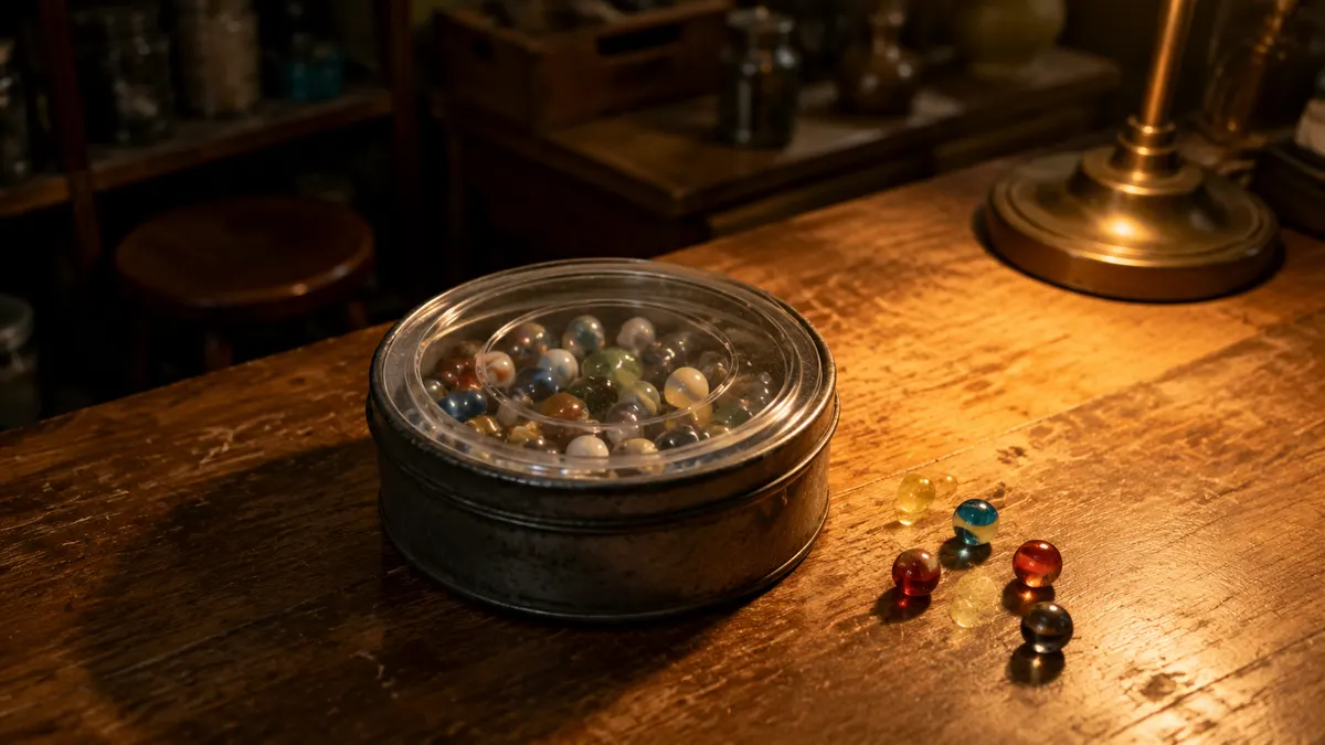 A sealed metal tin of glass marbles sitting on a worn wooden shop counter under a warm desk lamp, loose shooters scattered around it