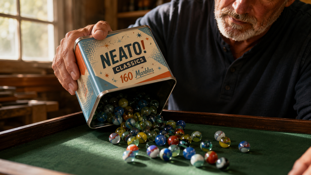 A hand in a work glove pouring a trickle of glass marbles from a round tin onto a wooden sorting tray