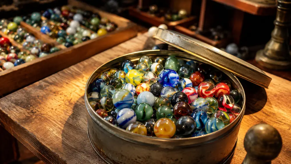 An open round tin of glossy glass marbles on a worn wooden workbench, soft morning light across the glass