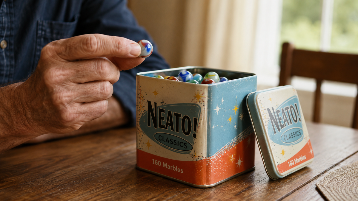 A hand tilting the open marble tin and letting a single glass shooter roll out into a palm