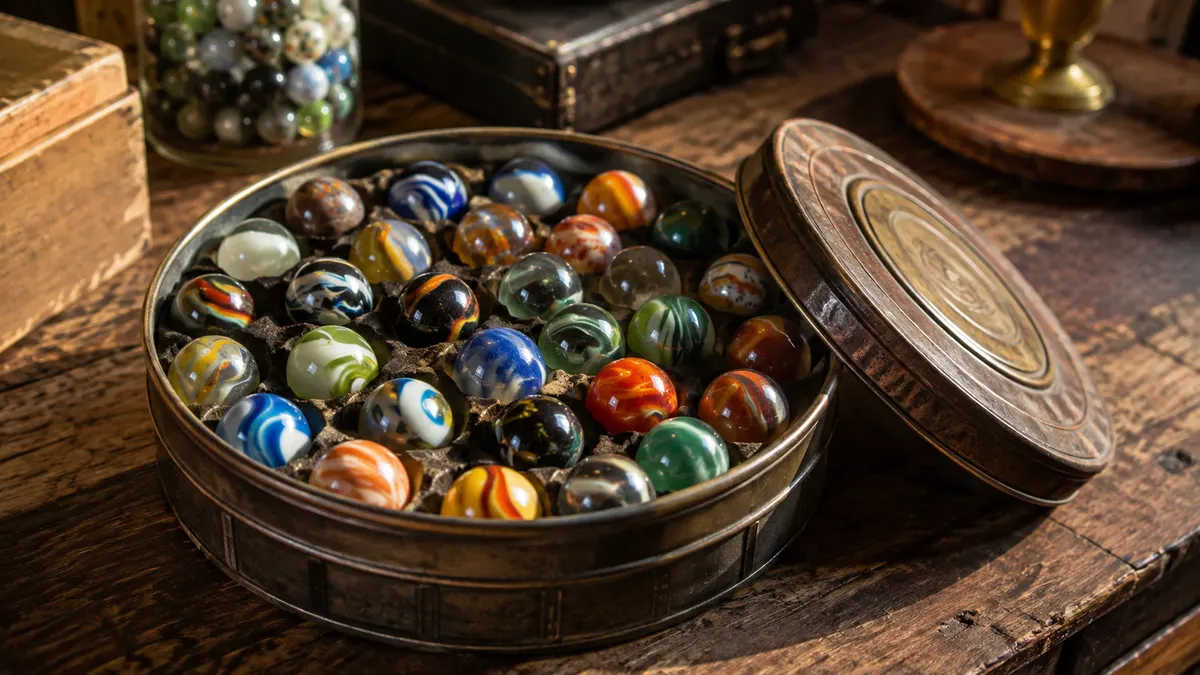 An open round marble tin showing a full ring of glossy glass marbles nestled in the box
