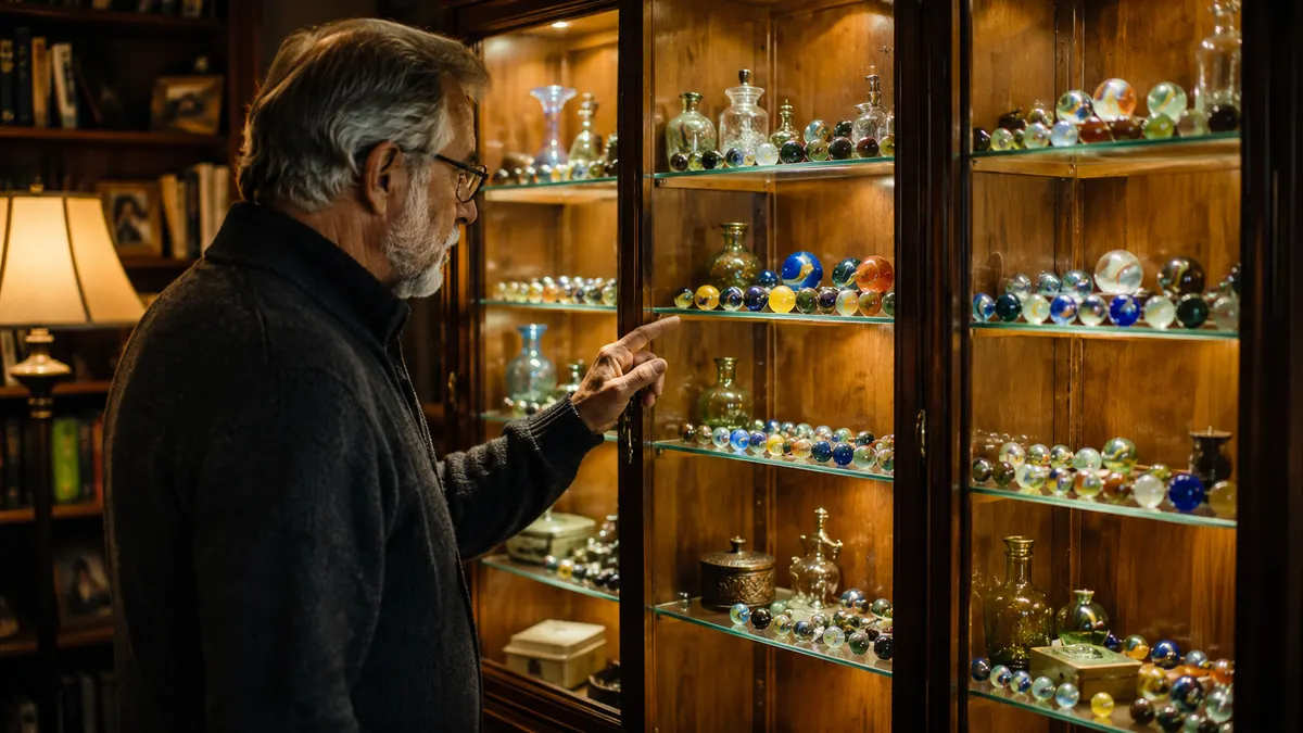 A glass-fronted display cabinet with marbles and small glassware arranged on the shelves