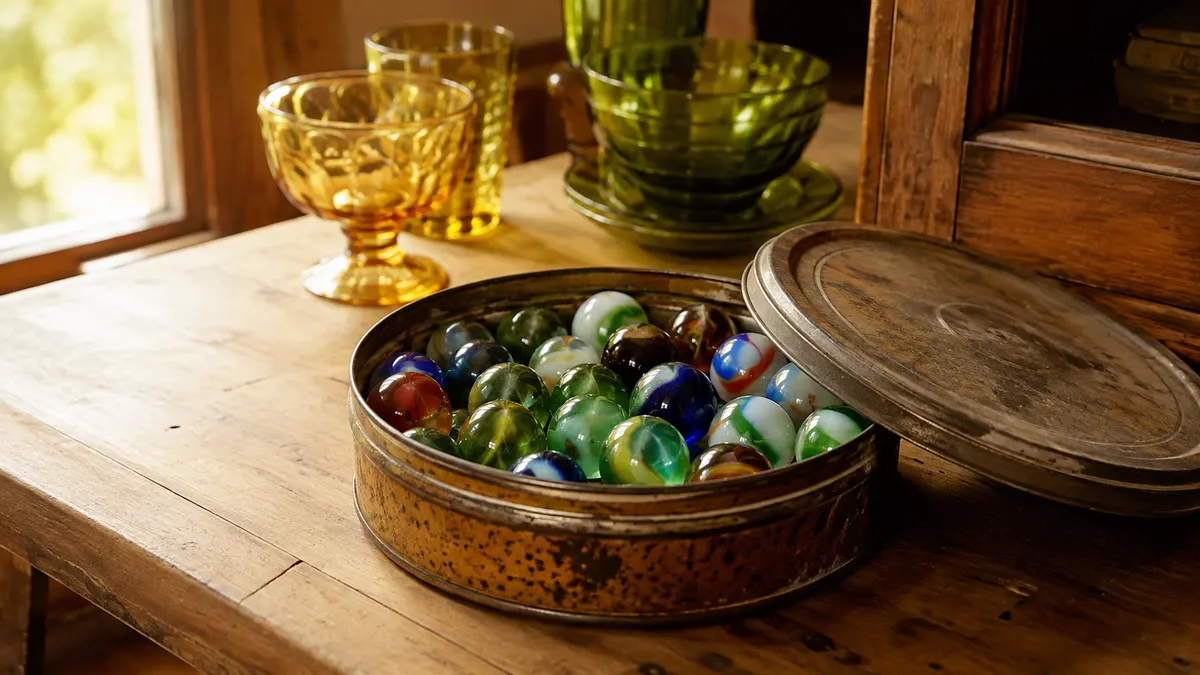 An open classic tin of glossy assorted glass marbles on a wooden display table beside a small stack of vintage glassware