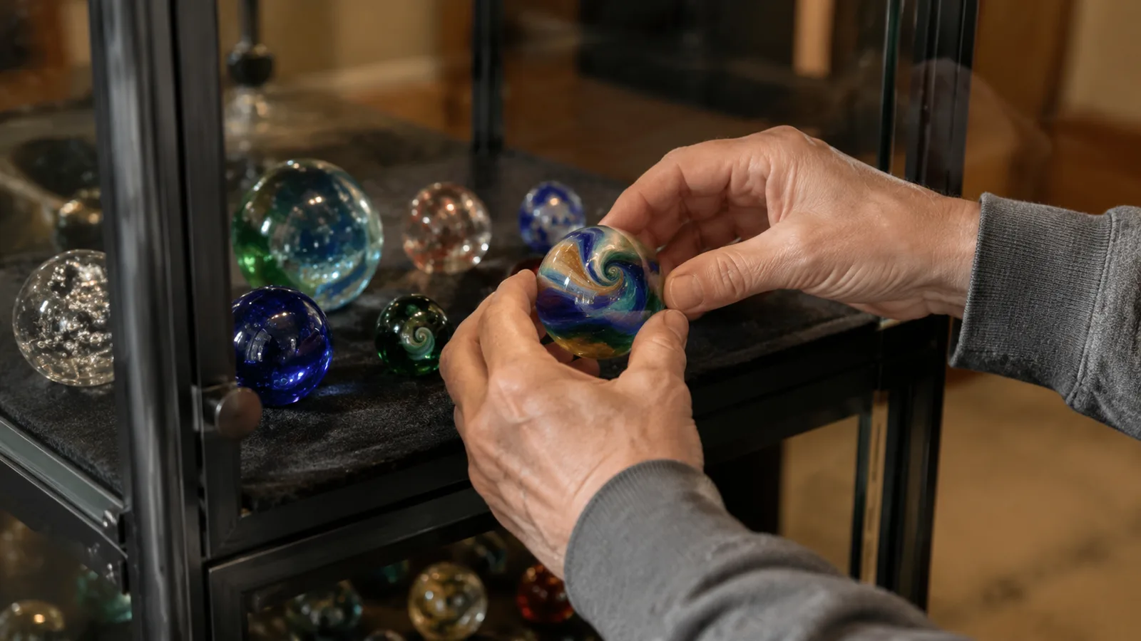 Two hands placing a single glass marble onto a felt-lined shelf inside an open glass display cabinet