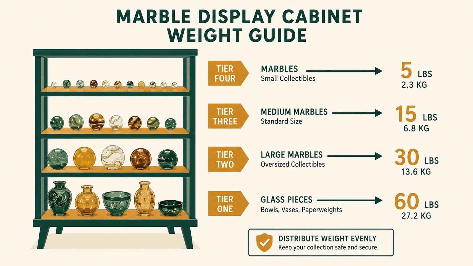 A chart showing suggested shelf weight distribution across four tiers, heaviest pieces on the bottom and lightest on top