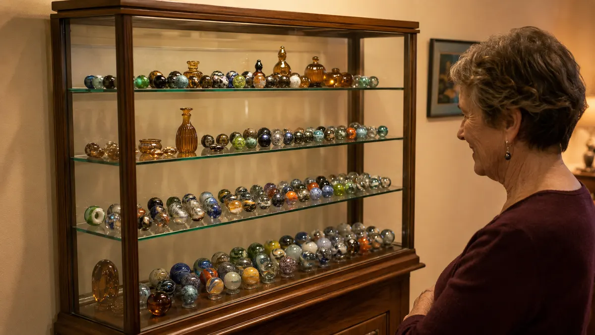 A wood and glass display cabinet with four tiers holding rows of glass marbles and a few small amber glass pieces, lit from inside, in a warm living room
