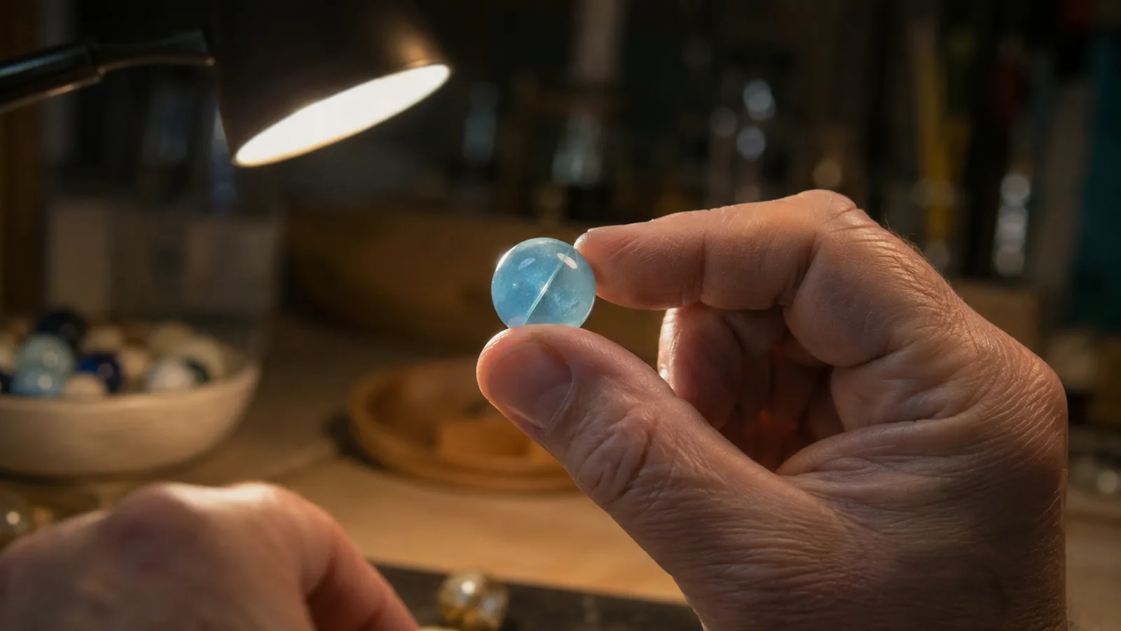 A hand turning a lone glass marble under the light, looking for its seam line