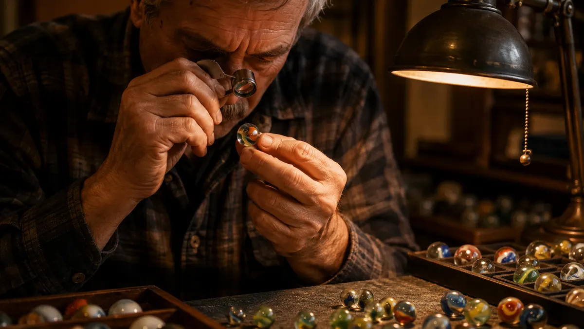 A weathered hand holding a small silver jeweler's loupe up to one eye, a glossy glass marble cradled in the other hand, over a felt-lined workbench in warm lamplight