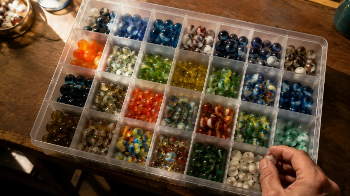 A clear plastic 34-grid divider box full of sorted glass marbles sitting on a warm wooden workbench in soft morning light