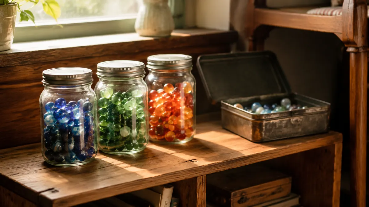 Three shallow glass jars of sorted marbles by color on a low shelf beside an open lidded tin, soft morning light