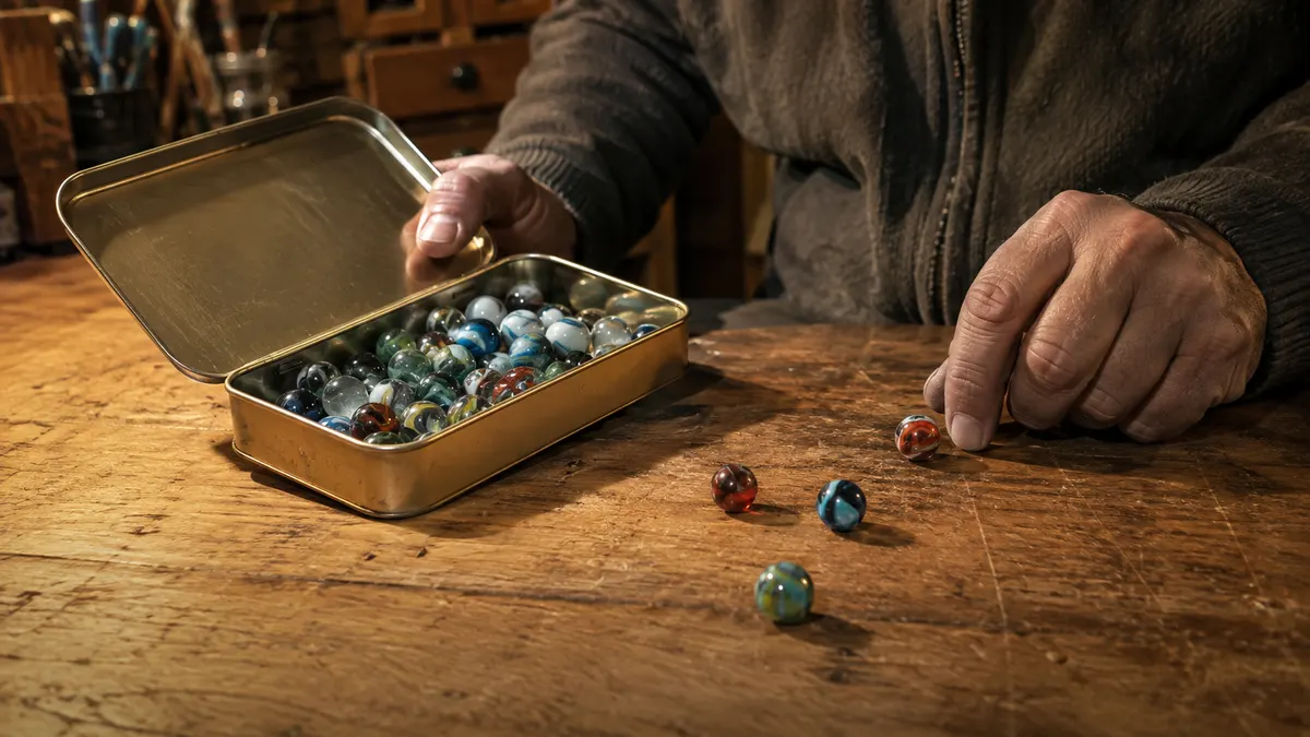 An open metal tin of assorted glass marbles on a worn wooden workbench, warm lamplight, a few shooters spilled onto the wood