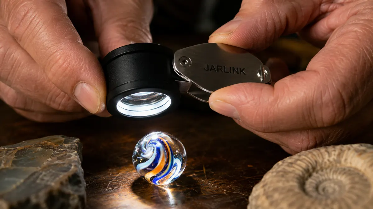A close-up of a hand holding the illuminated jeweler's loupe a quarter inch from a single glass marble, the LED ring light glowing