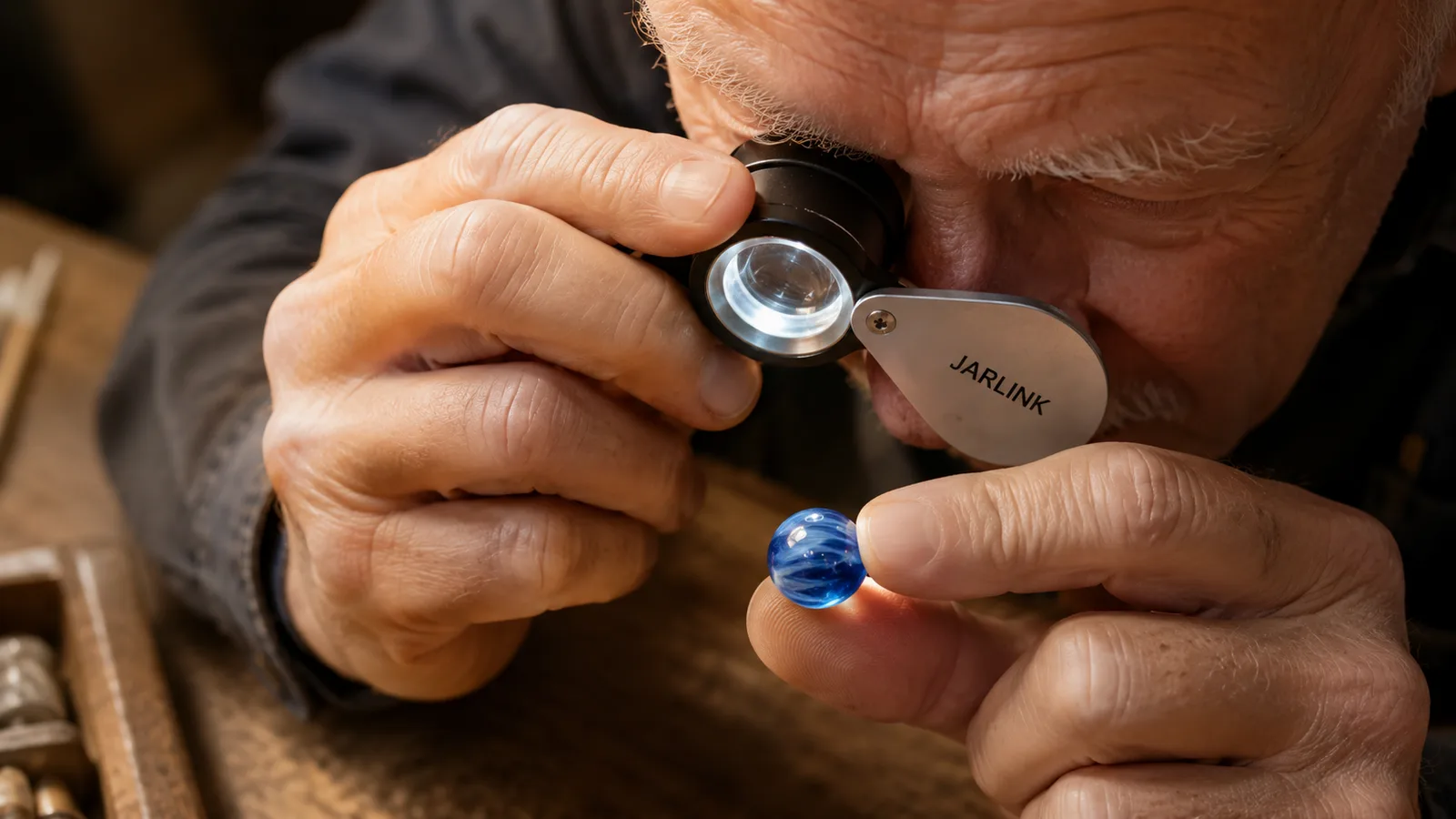 A hand holding the open loupe close to one eye over a blue cat's-eye marble in the other hand, the LED ring lit against the glass