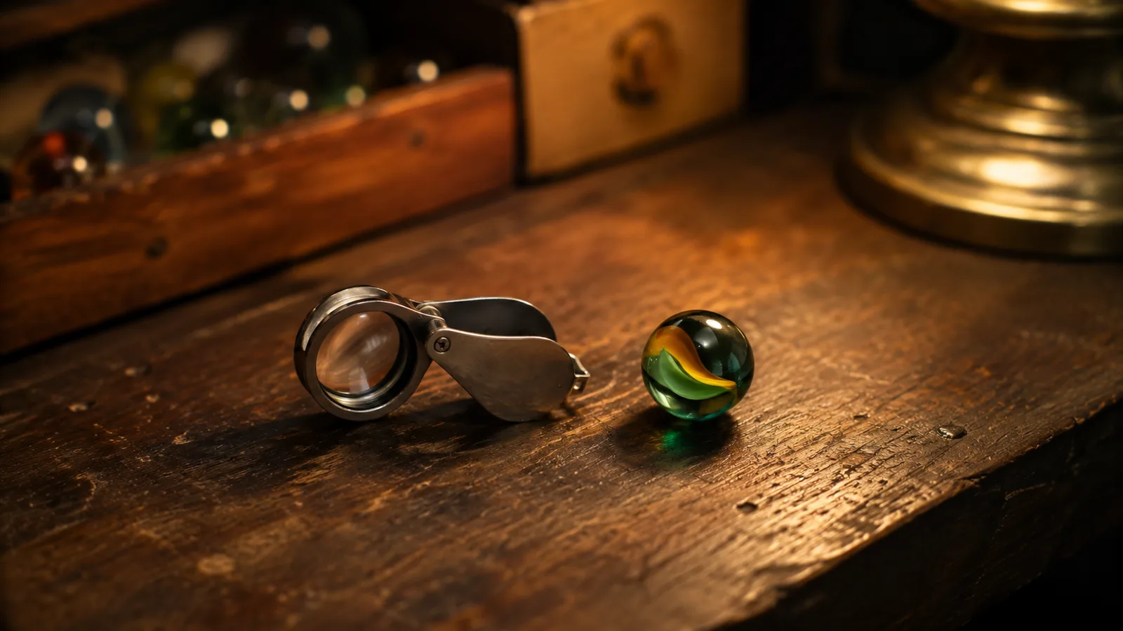 A closed folding jeweler's loupe and one full clear glass marble resting side by side on a dark stained workbench beside a small lamp