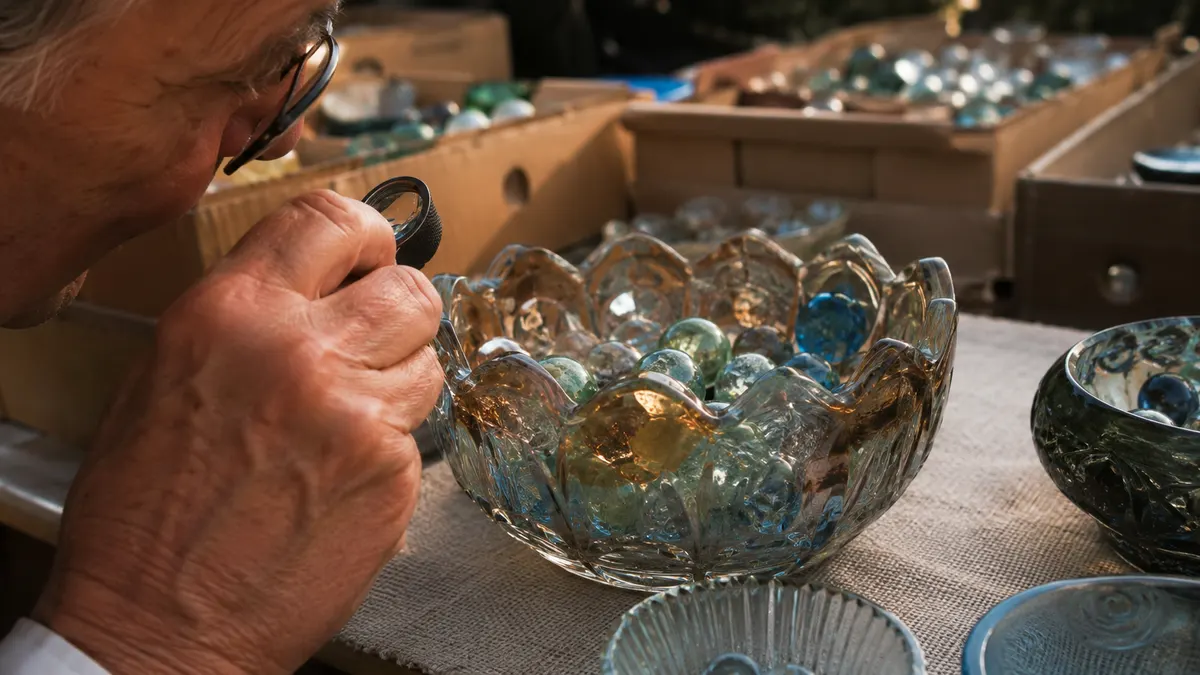 A collector's fingertips holding a loupe to a vintage glass bowl rim at a flea market table