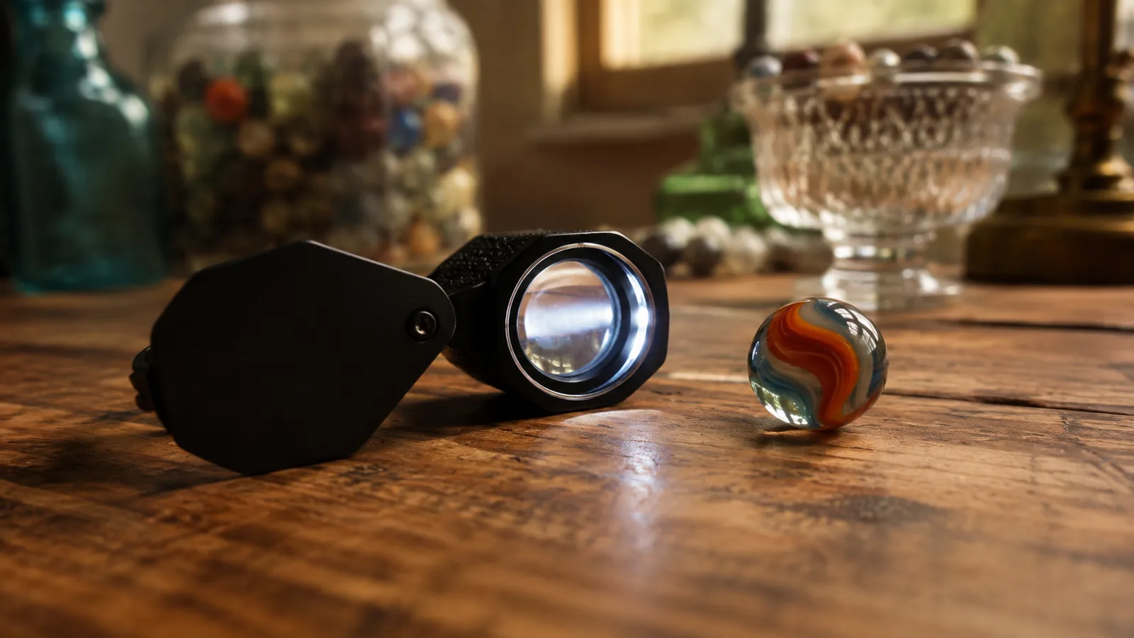 A small folded jeweler's loupe with a bright ring of light resting on a worn wooden marble dealer's table beside a glass marble