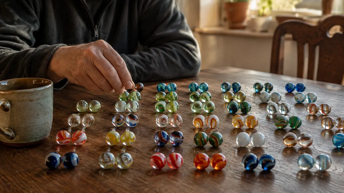 Paired matching glass shooters lined up in neat rows on a kitchen table in morning light