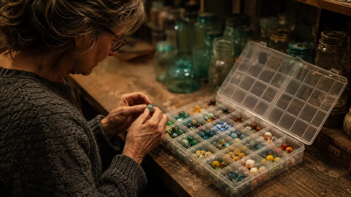 Open gray organizer box on a worn wooden workshop bench, clear 34-grid compartments holding glass marbles sorted by size and color, amber shop light