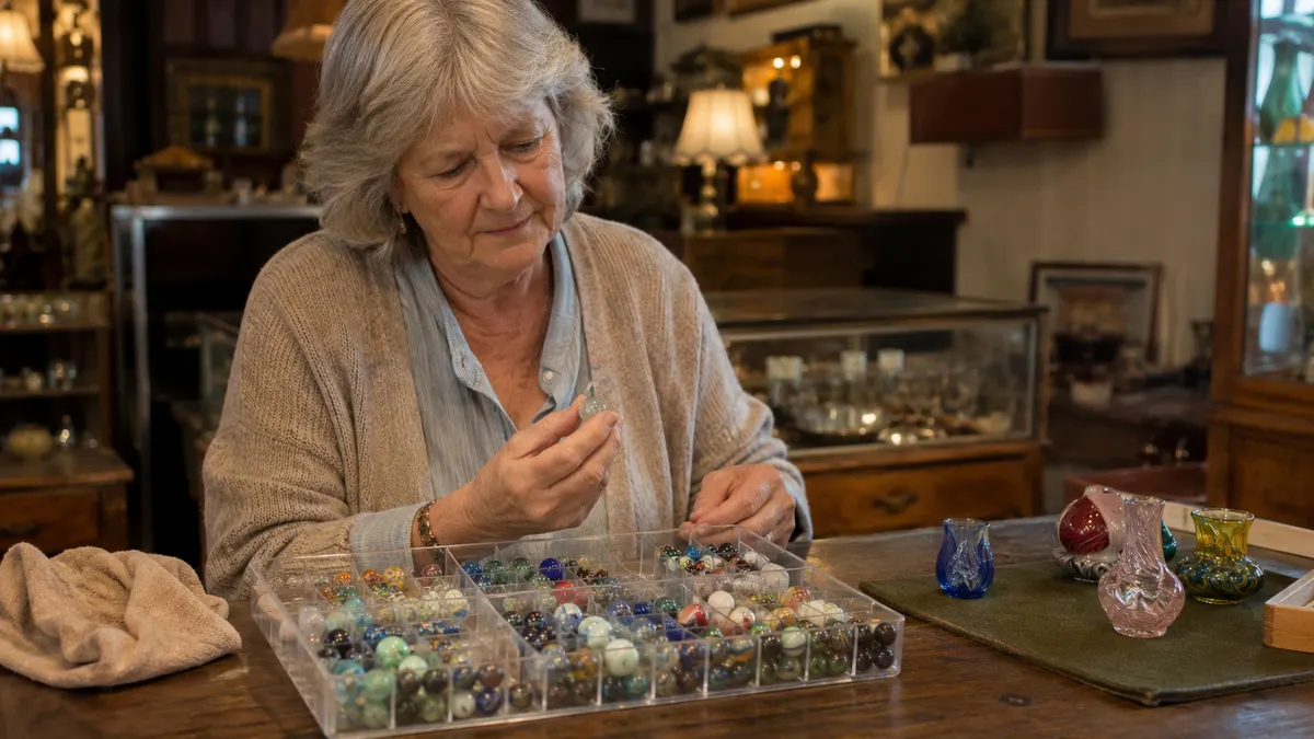 A tidy shop desk holds the sorted divider box, a folded cloth, and a few small pieces of vintage glassware on a felt pad