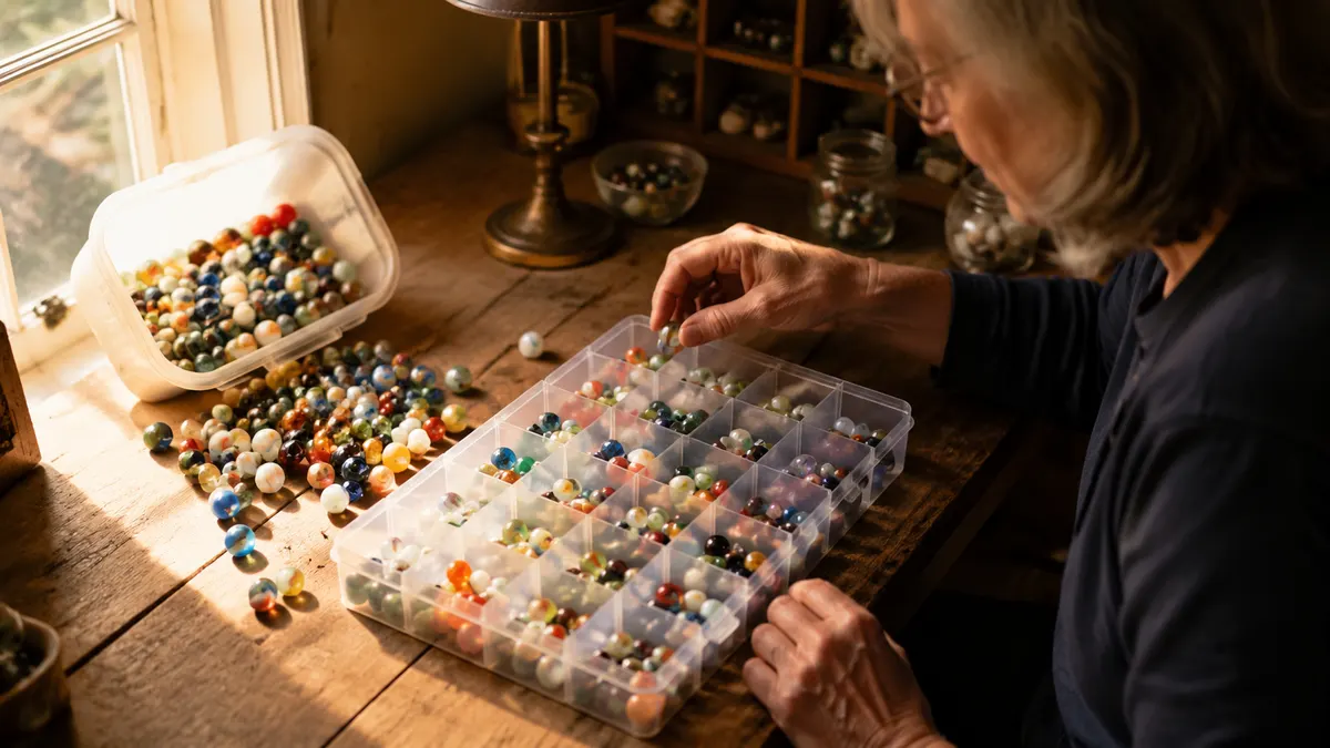A clear plastic divider box packed with rows of colored glass marbles sits open on a worn wood sorting bench, a loose pile of marbles beside it in warm morning light