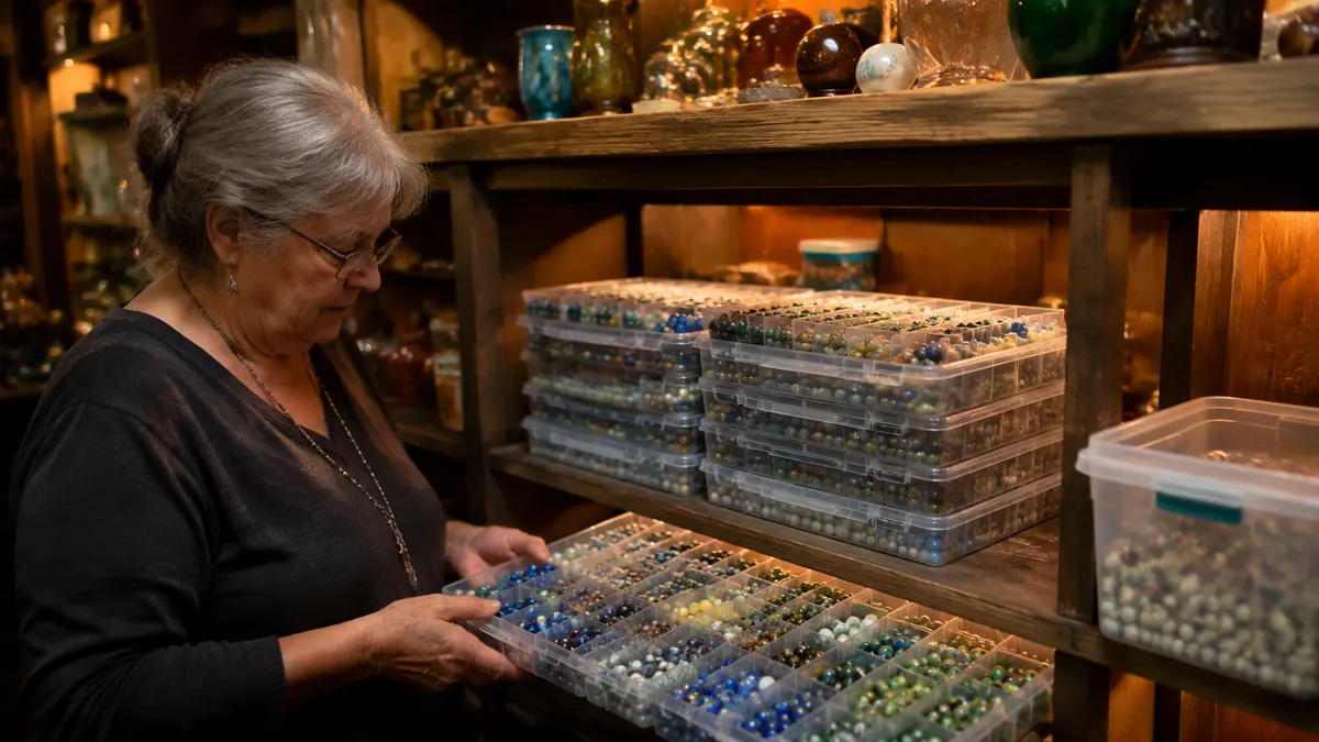 Stacked clear plastic divider boxes on a shop shelf, each compartment holding marbles grouped by color, next to a single loose tote pushed to the back
