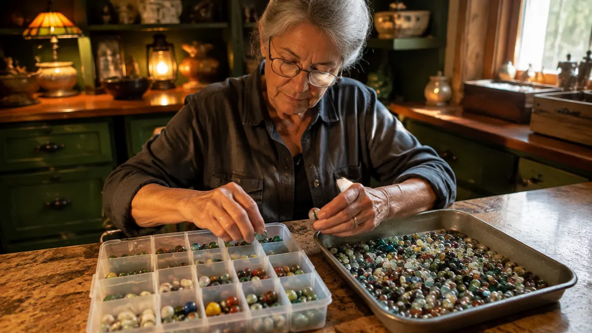 A worn oak workbench in a small shop holding both a clear 34-grid plastic organizer box and a plain metal tote of loose glass marbles